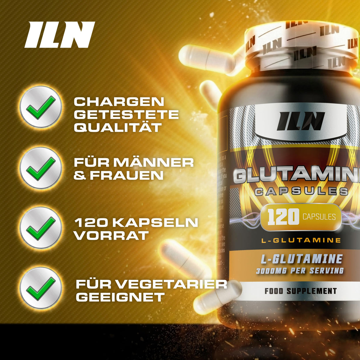 L-Glutamine Capsules - 3000mg with Vitamin D & B12 - 120 Capsules