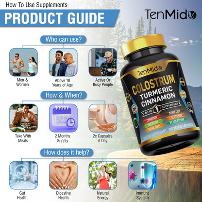 Tenmido Colostrum Supplement - 8in1 Formula - Combine with Turmeric, Ceylon Cinnamon, Quercetin, Royal Jelly, Dandelion, L- Glutamine, and Black Pepper - Digestive Health Support - 120 Capsules TenmidoBuy Supplements Australia