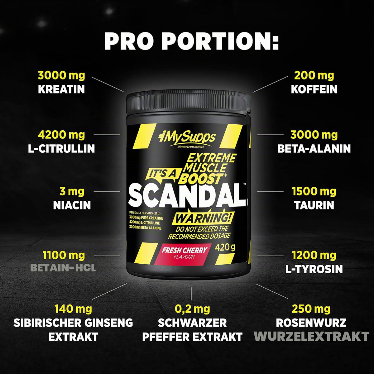 My Supps Scandal Extreme Muscle Pre Workout Training Booster - Fresh Cherry with Creatine, Citrulline, Beta Alanine, Caffeine & Tyrosine for Energy - 20 Servings 420 g