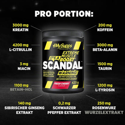 My Supps Scandal Extreme Muscle Pre Workout Training Booster - Fresh Cherry with Creatine, Citrulline, Beta Alanine, Caffeine & Tyrosine for Energy - 20 Servings 420 g