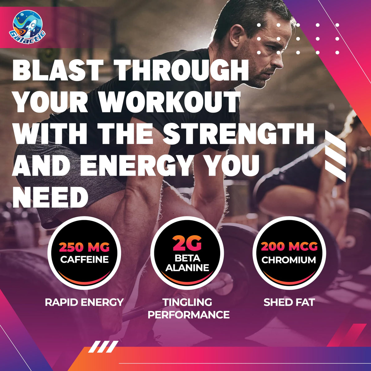 Galactic Pre-Workout Gummies, All Natural, 250mg Caffeine, Beta-Alanine, L-Citrulline, L-Theanine, Chromium Picolinate, 10 Servings