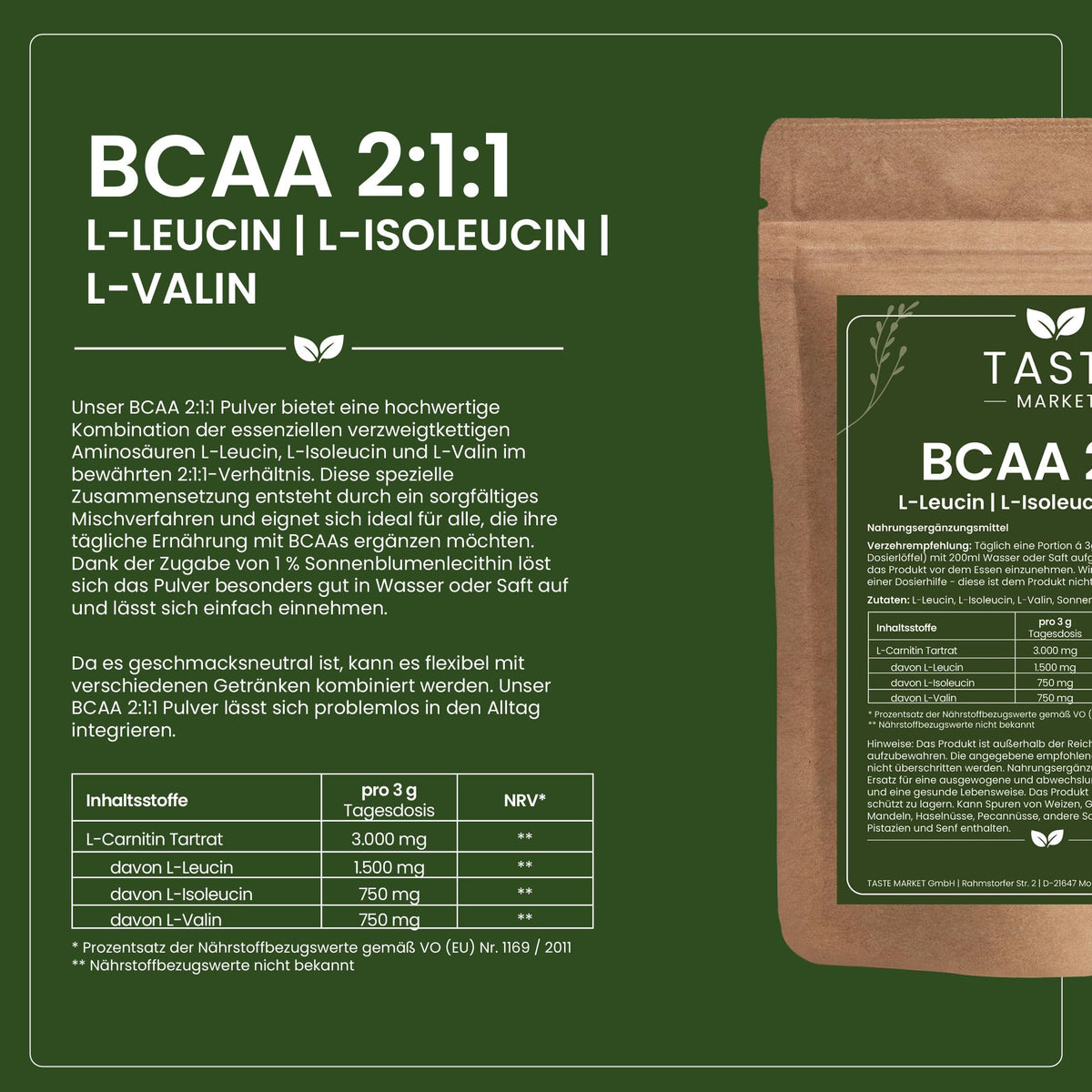 BCAA Powder 2:1:1 Pure 200 g from Vegetable Fermentation, Amino Acid, Leucine, Isoleucine, Valine, Super Solubility, Pure Powder without Additives - Vegan - Taste Market