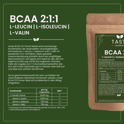 BCAA Powder 2:1:1 Pure 200 g from Vegetable Fermentation, Amino Acid, Leucine, Isoleucine, Valine, Super Solubility, Pure Powder without Additives - Vegan - Taste Market