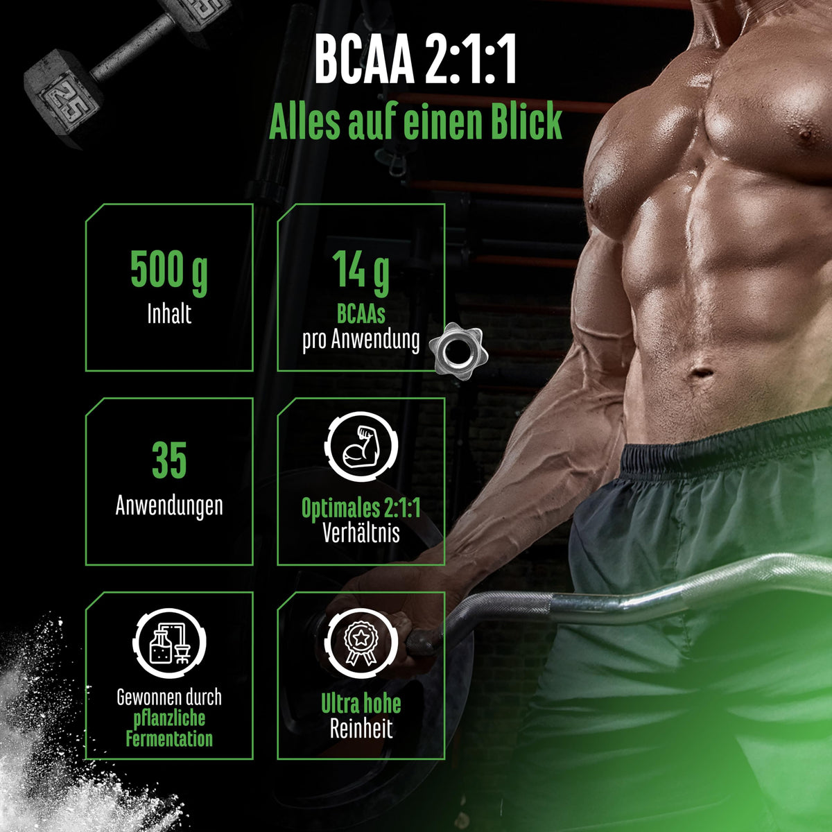 Gen German Elite Nutrition BCAA 2:1:1 Powder - 500 g - 35 Applications | With leucine - isoleucine - valine - neutral in taste - vegetable fermentation - without unnecessary additives - vegan