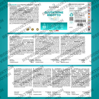 Bandini® L-Glutathione Reduced 250 mg | Glutathione Setria® Tripeptide: Glutamic Acid, Cysteine, Glycine | Antioxidant, Immune System, Liver | GMO-Free | 60 Capsules | 1 Capsule/Day for 2 Months Supply
