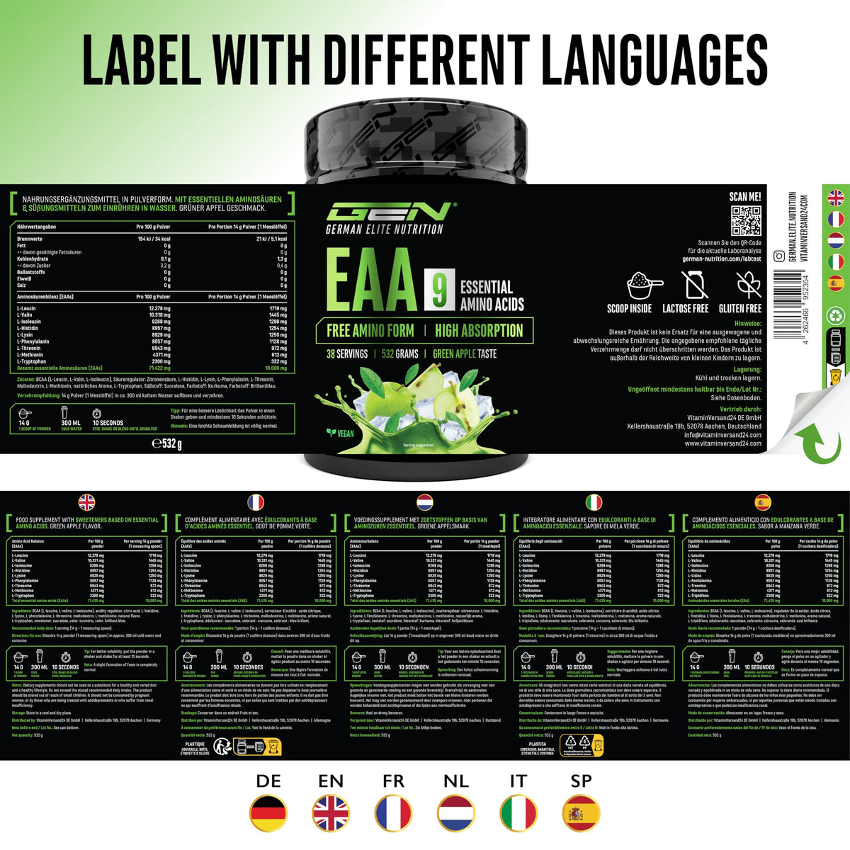 Buy ​Gen German Elite Nutrition EAA Powder - 532 g - 9 Essential Amino Acids | Green Apple, Human Code Formula, incl. Histidine & BCAA, 10 g EAA per serving, laboratory tested, vegan - OmniHealthRx Usa supplements