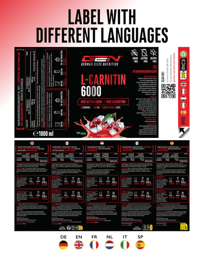 Gen German Elite Nutrition L-Carnitine 6000 Liquid - 1000 ml | Cherry Madness flavour - extra high dose with 6000 mg pure L-carnitine per daily serving - amino workout drink - vegan