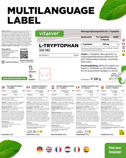 vit4ever L-Tryptophan - 365 Capsules - High Dose with 500 mg per Capsule | 12 months range - From vegetable fermentation - Without unnecessary additives - Vegan - Laboratory tested