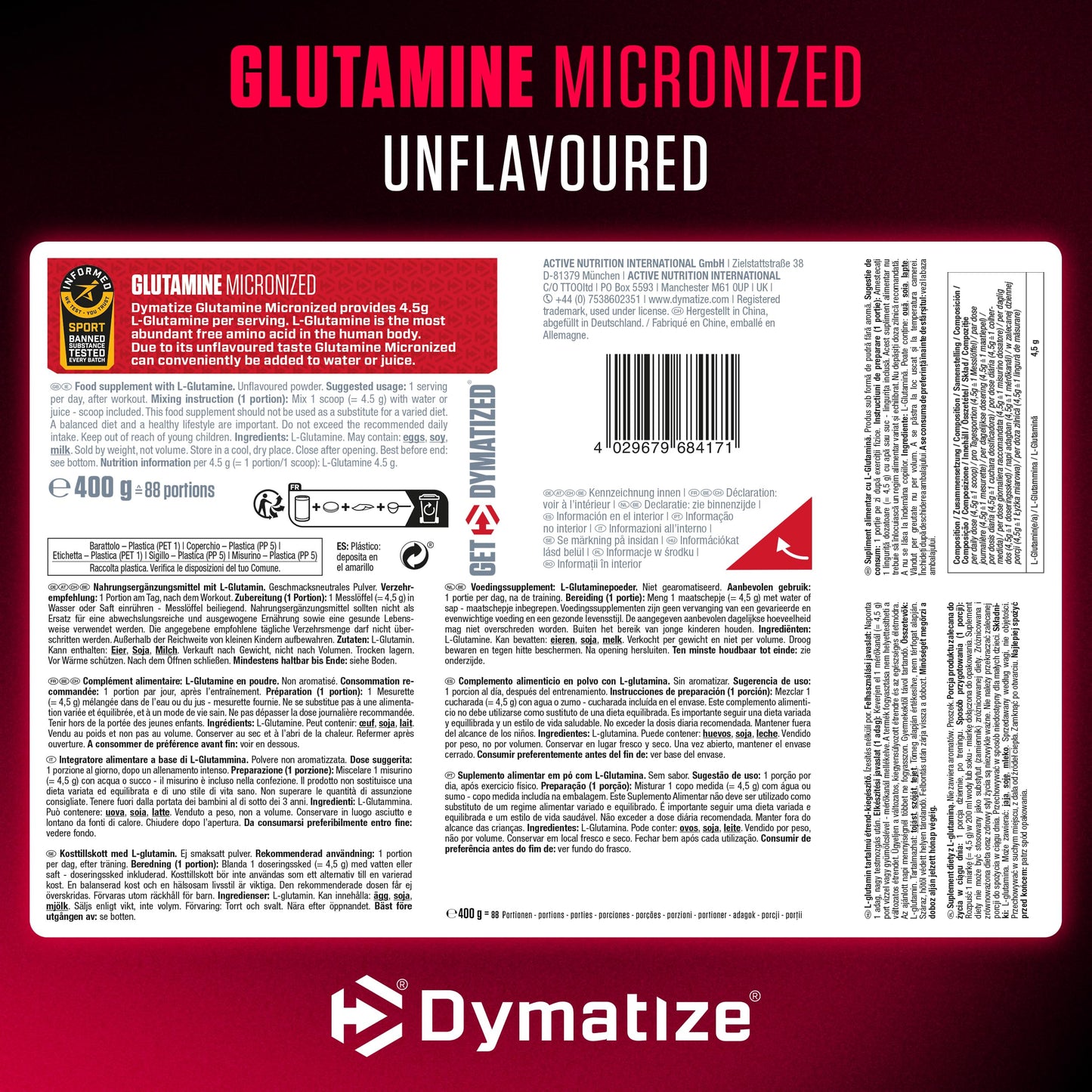 Dymatize Glutamine Miconized Unflavoured Powder 400g - Aminosäure - Glutamin
