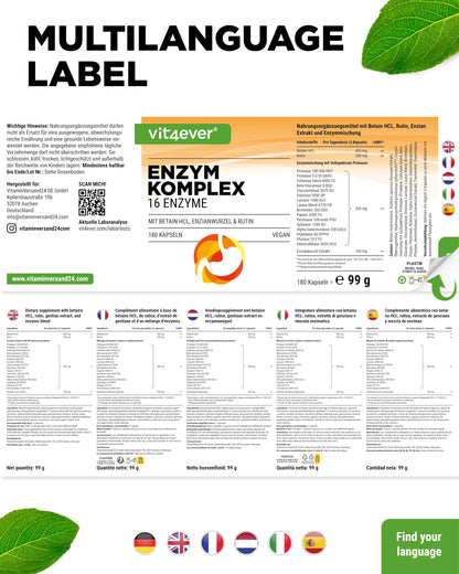 vit4ever Digestive Enzymes - 180 Enteric Juice-Resistant Capsules | Mit Betain HCL, Rutin, Enzianwurzel + 16 Enzyme: Bromelain, Papain, Amylase, Lipase, Protease, Laktase, Vegan & Laborgepruft