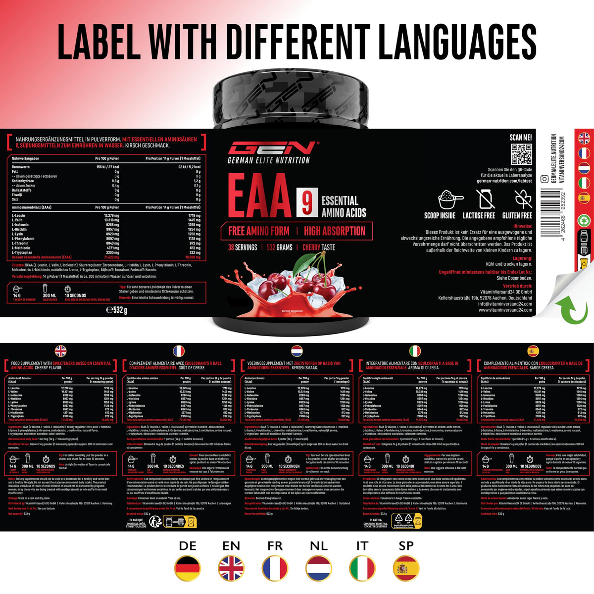 Gen German Elite Nutrition EAA Powder - 532 g - 9 Essential Amino Acids | Cherry - Human Code Formula - Includes Histidine & BCAA - 10 g EAA per Serving - Laboratory Tested