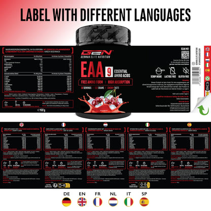 Gen German Elite Nutrition EAA Powder - 532 g - 9 Essential Amino Acids | Cherry - Human Code Formula - Includes Histidine & BCAA - 10 g EAA per Serving - Laboratory Tested
