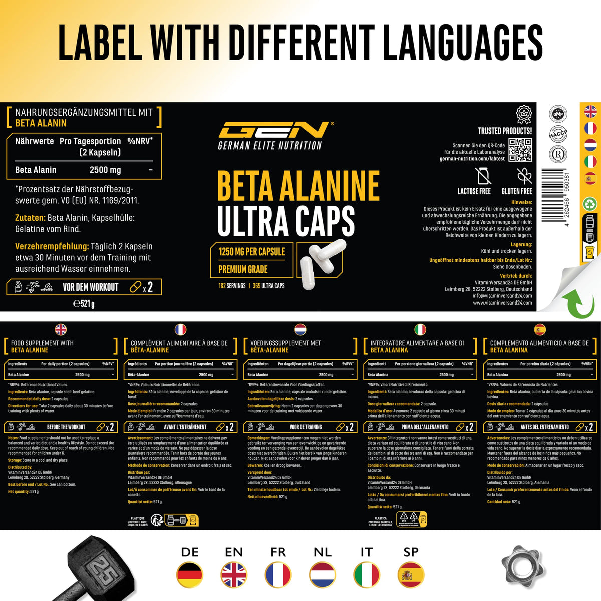 Gen German Elite Nutrition Beta Alanine Ultra Caps - 365 Capsules | High dose with 1250 mg per capsule, beta alanine amino acid with 99% purity, without unwanted additives, laboratory tested