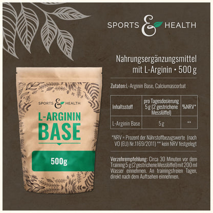 L-Arginine Base Powder Vegan 500g - 5g per Daily Dose High Bioavailability | Purest amino acid source plant-based, optimal pH value per serving, very well bioavailable without additives