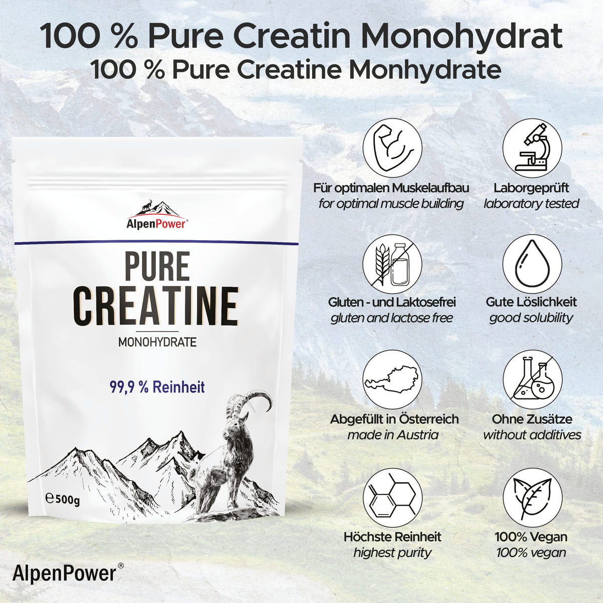 AlpenPower Creatine Monohydrate Powder 500 g - Pure Creatine Monohydrate without Additives - Tested Quality, 100% Vegan - Excellent Solubility, Particularly Fine Powder