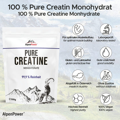 AlpenPower Creatine Monohydrate Powder 500 g - Pure Creatine Monohydrate without Additives - Tested Quality, 100% Vegan - Excellent Solubility, Particularly Fine Powder