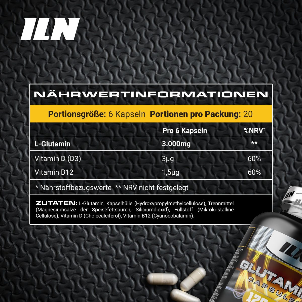 L-Glutamine Capsules - 3000mg with Vitamin D & B12 - 120 Capsules