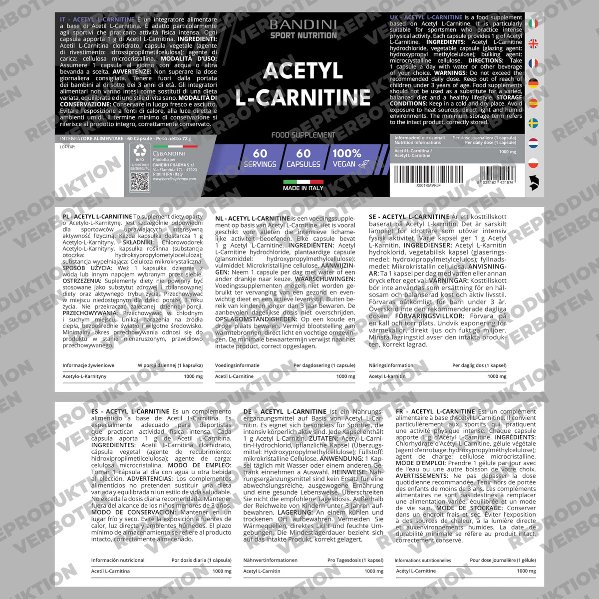 Bandini® Acetyl L-Carnitine, Acetyl-L-Carnitine Hydrochloride, 60 Capsules | Premium Carnitin: stoffwechselanregend, Energie und erhöhte Ausdauer, vegan, 1 Kapsel Carnitine pro Tag, 2 Monate Versorgung