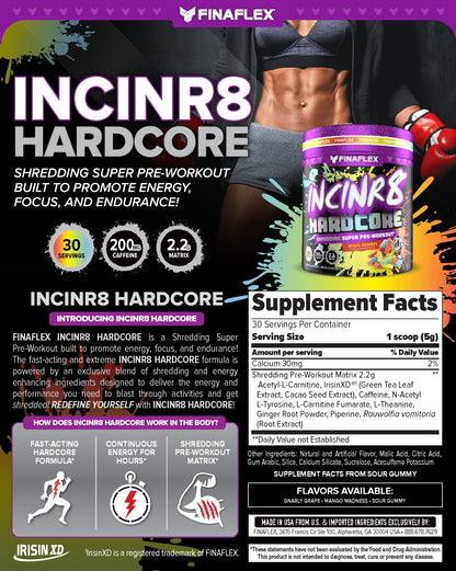 FINAFLEX INCINR8 Hardcore, Sour Gummy - 5.4 oz (30 Servings) - Energy, Focus & Endurance for Men & Women - with Caffeine