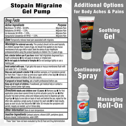 Stopain Migraine Pain Relief Gel Pump, 1.62oz (2 Pack), USA Made, Max Strength Fast Acting Research Proven Effective Topical, No Known Side Effects or Drug Interactions, HSA FSA Approved Products StopainBuy Supplements Australia