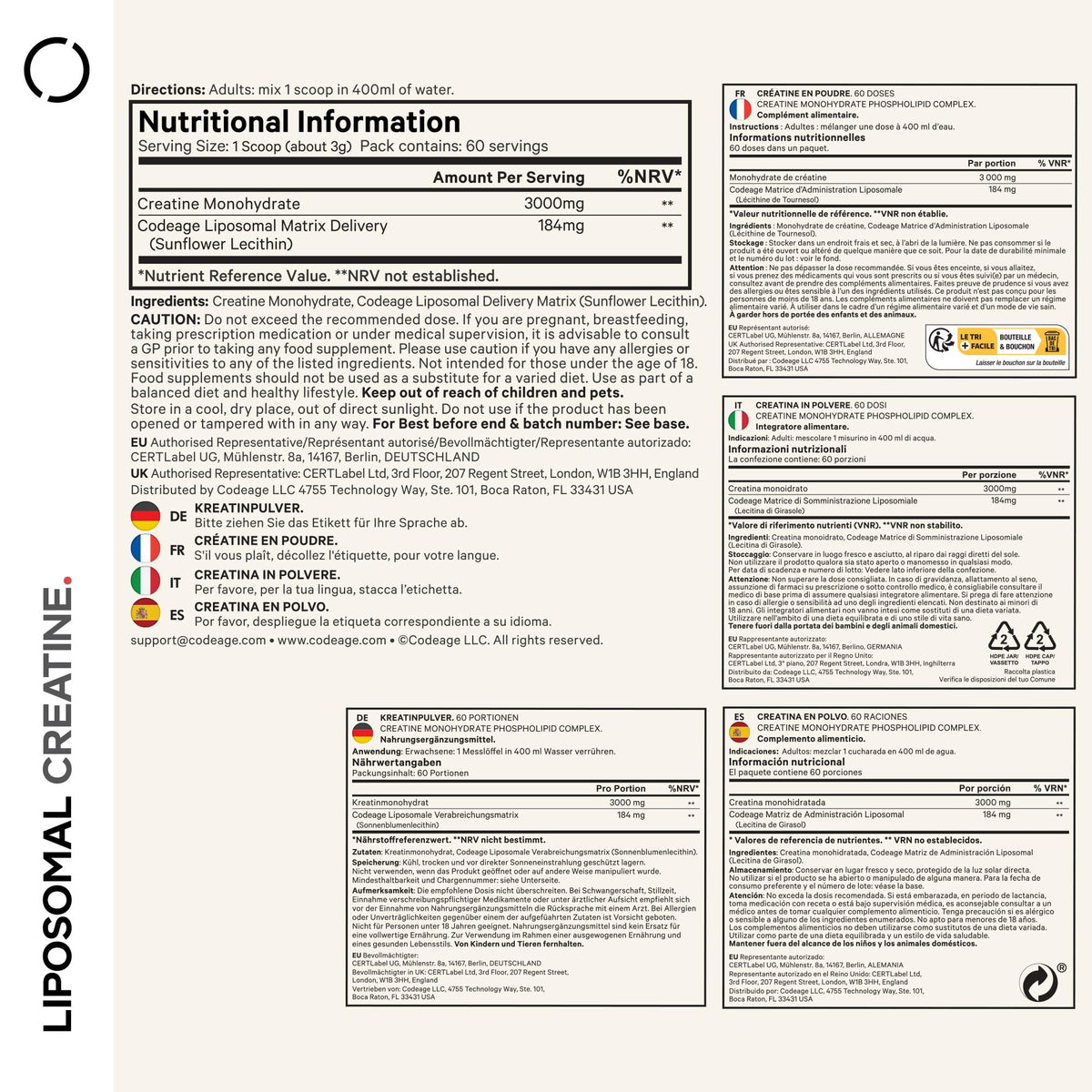 Buy ​Codeage Liposomal Creatine Monohydrate Powder - 3000 mg Per Serving, Tasteless, 60 Servings - Dietary Supplement Before and After Training - 2 Month Supply - OmniHealthRx Usa supplements