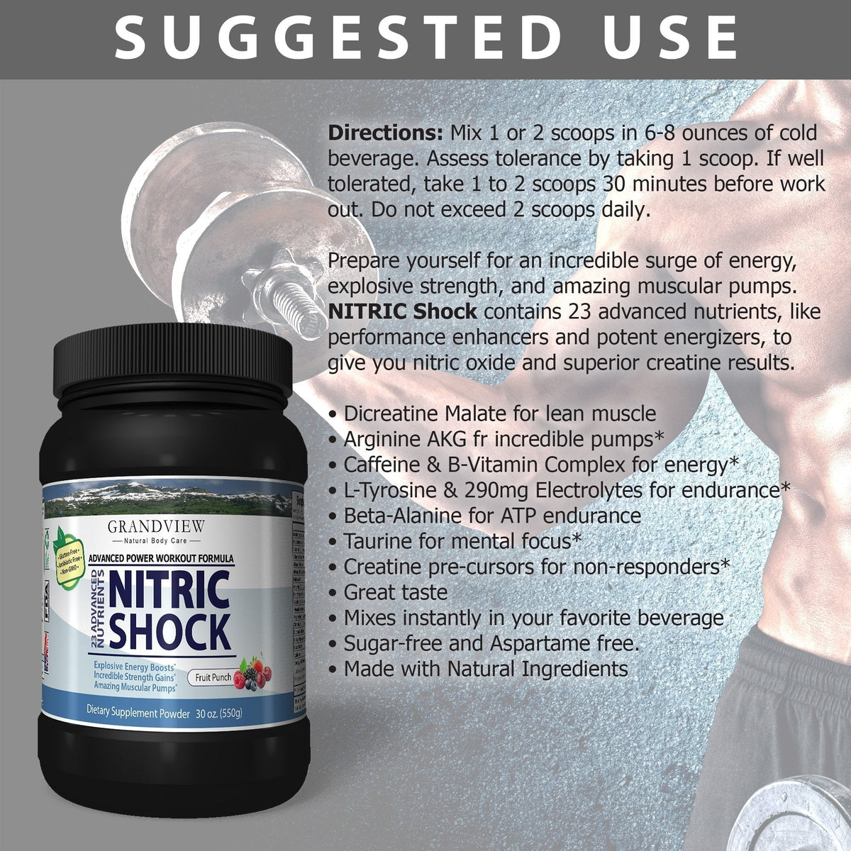 N Shock- Pre Workout Powder, x10 Strength, 44 Servings, (Fruit Punch) Boost Energy, Increase Endurance and Focus, Beta-Alanine, 175mg Caffeine, Citrulline Malate, Nitric Oxide Booster - Keto Friendly