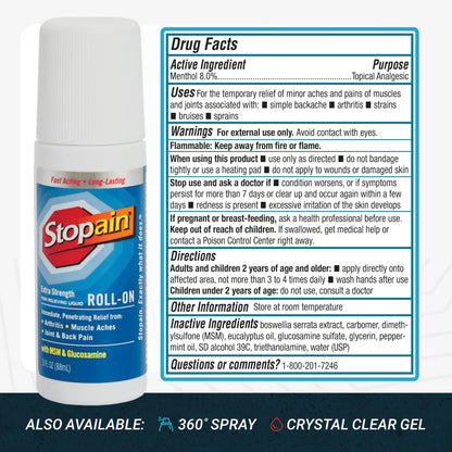 Stopain Pain Relief Roll On Gel 3oz, USA Made, Max Strength Fast Acting with MSM, Glucosamine, Menthol for Arthritis, Lower Back, Knee, Neck, HSA FSA Approved OTC Topical Analgesic Products StopainBuy Supplements Australia