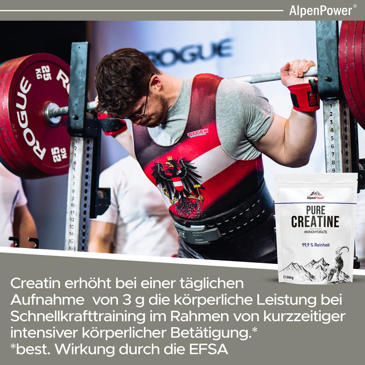 AlpenPower Creatine Monohydrate Powder 500 g - Pure Creatine Monohydrate without Additives - Tested Quality, 100% Vegan - Excellent Solubility, Particularly Fine Powder