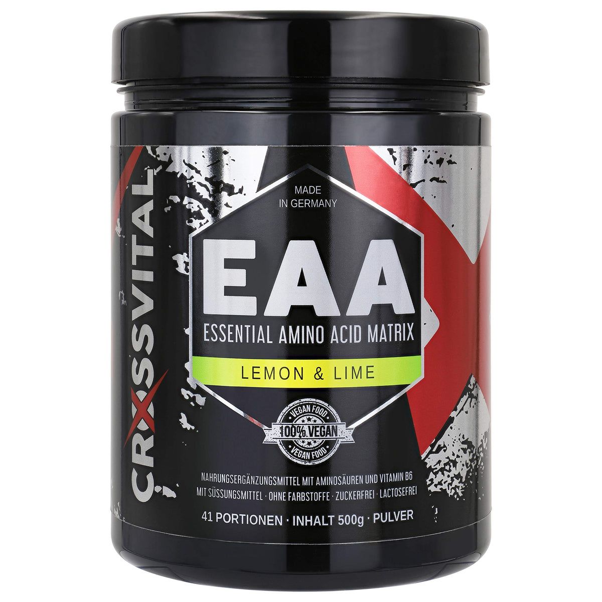 EAA Powder Crossvital Lemon & Lime Vegan 500 g with Vitamin B6 Mega Taste 1A Soluble Made in Germany