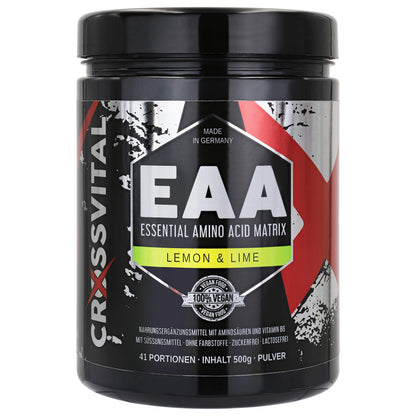 EAA Powder Crossvital Lemon & Lime Vegan 500 g with Vitamin B6 Mega Taste 1A Soluble Made in Germany