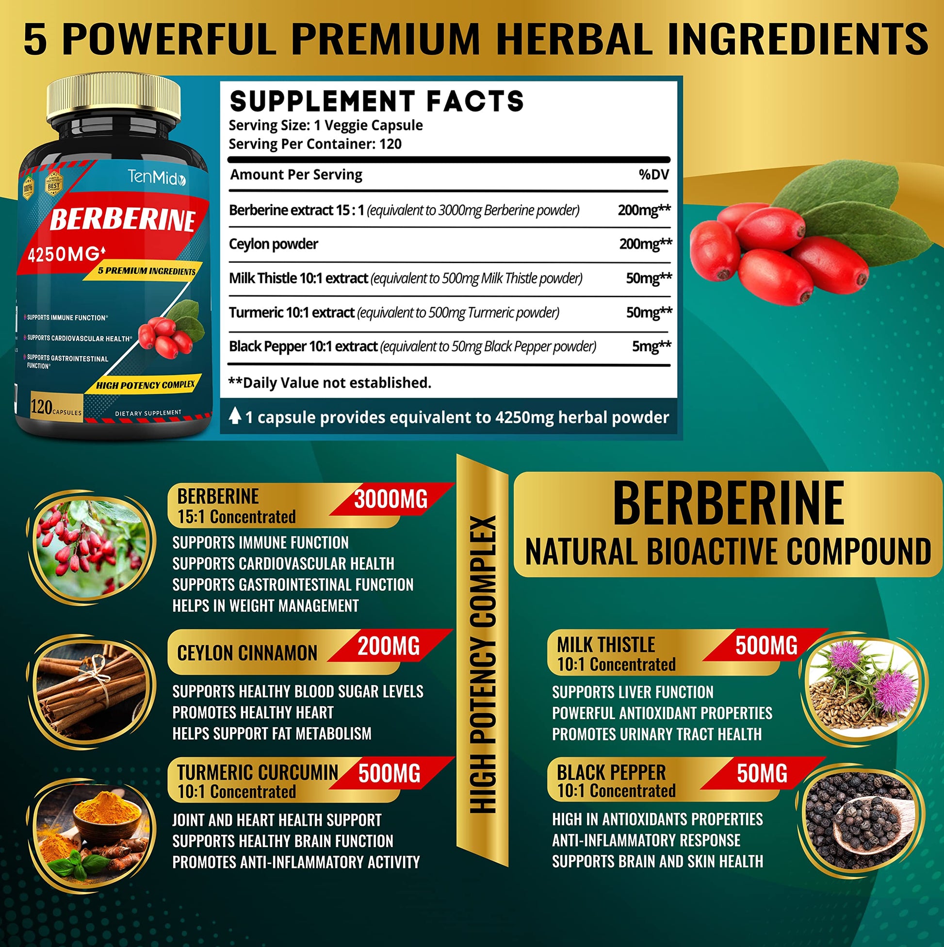 Berberine Extract Capsules 4250mg, 4 Months Supply & Ceylon, Milk Thistle, Turmeric TenmidoBuy Supplements Australia