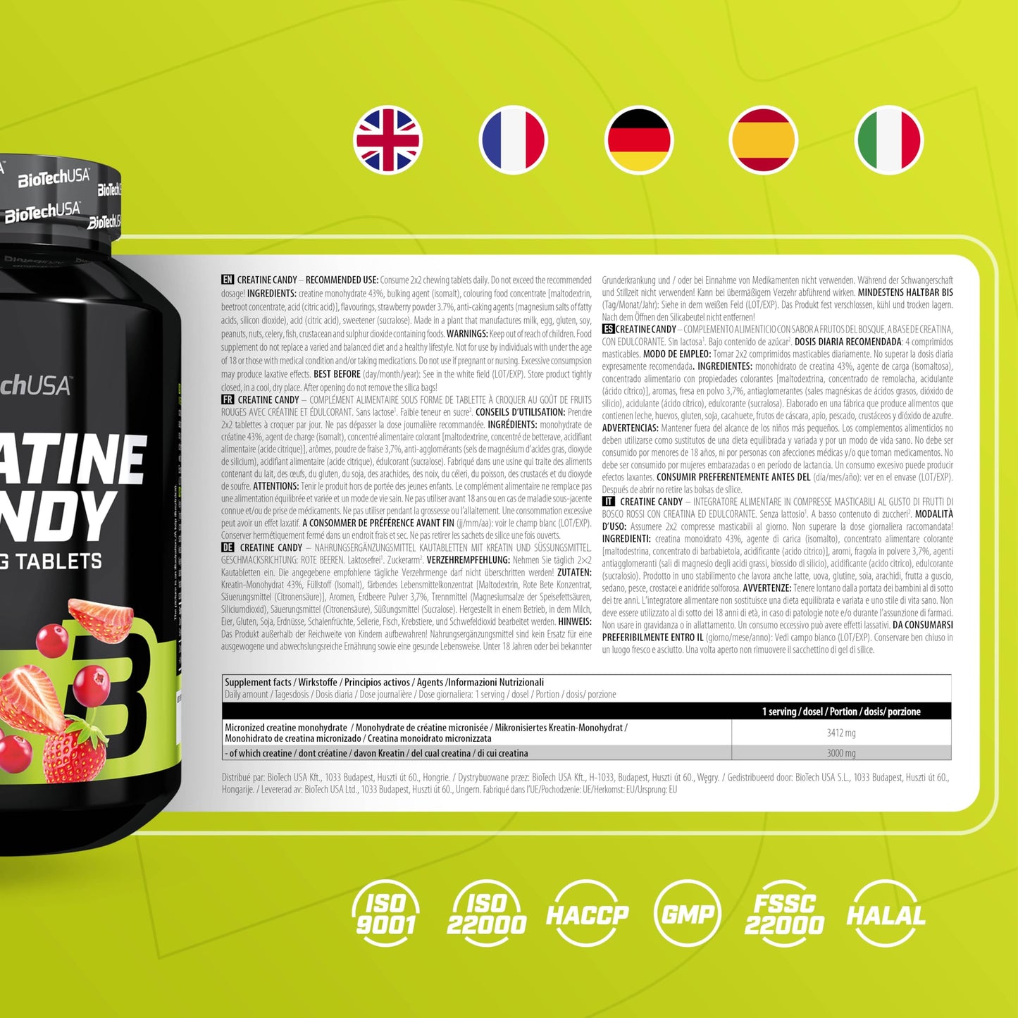 BioTechUSA Creatine Candy | Creatine Monohydrate Chewable Tablets | Fruity Chewable Tablet Format | Low Sugar | Vegan | Lactose, Gluten & GMO Free | 240 Tablets, Red Berries