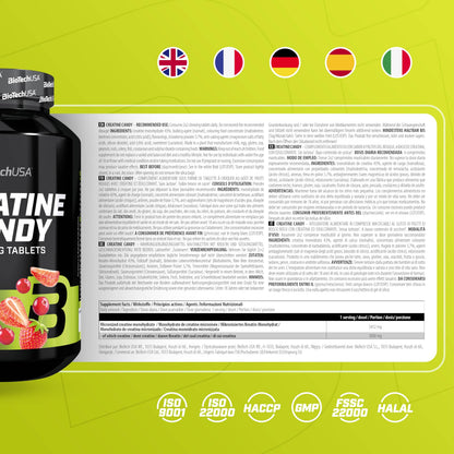 BioTechUSA Creatine Candy | Creatine Monohydrate Chewable Tablets | Fruity Chewable Tablet Format | Low Sugar | Vegan | Lactose, Gluten & GMO Free | 240 Tablets, Red Berries