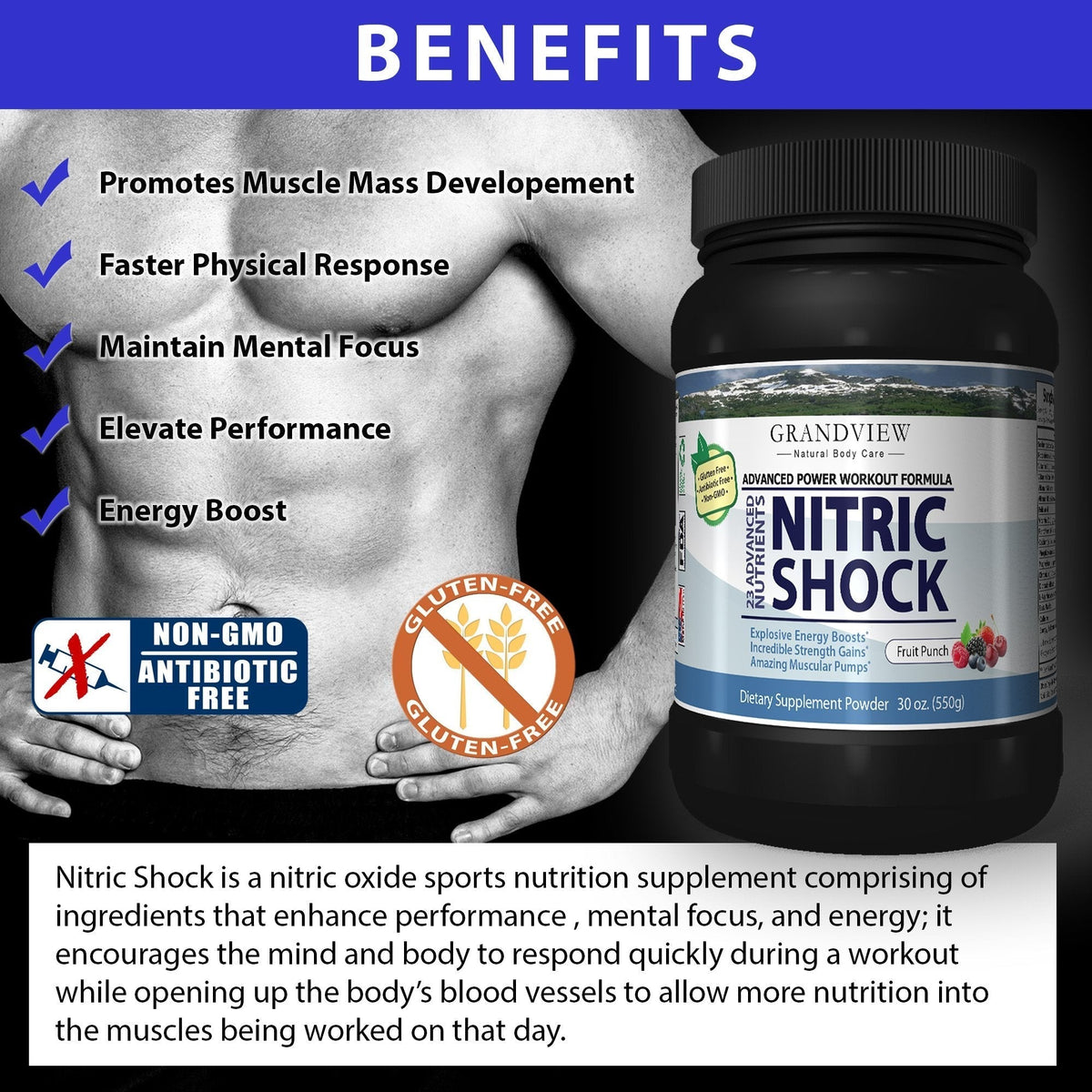 N Shock- Pre Workout Powder, x10 Strength, 44 Servings, (Fruit Punch) Boost Energy, Increase Endurance and Focus, Beta-Alanine, 175mg Caffeine, Citrulline Malate, Nitric Oxide Booster - Keto Friendly