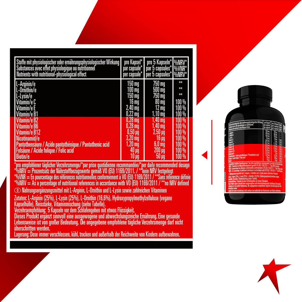 Night Amino, Arginine Ornithine Lysine, High Dose, Amino Acids Complex, With Vitamin B & C, 210 Capsules, Vegan, Made in Germany | Amino Acids Complex with Vitamin B and C - 210 Capsules Vegan - Amino Acids Complex