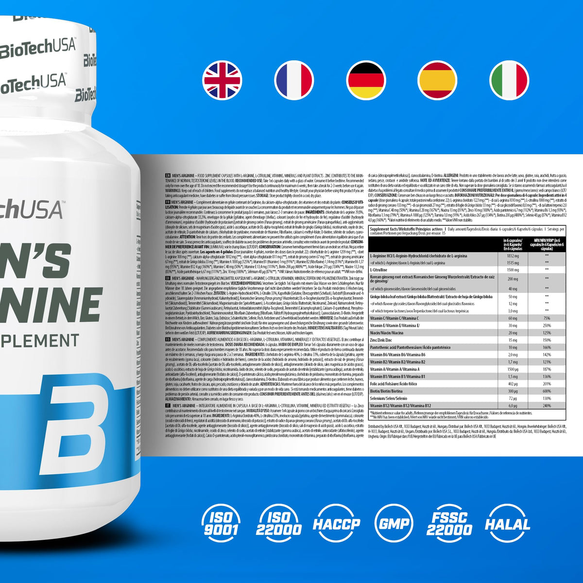 BioTechUSA Men's Arginine, L-Arginine, L-Citrulline & Plant Extracts | With Zinc, Selenium & B Vitamins | Korean Ginseng & Ginkgo Biloba | Gluten & Lactose Free | 90 Capsules