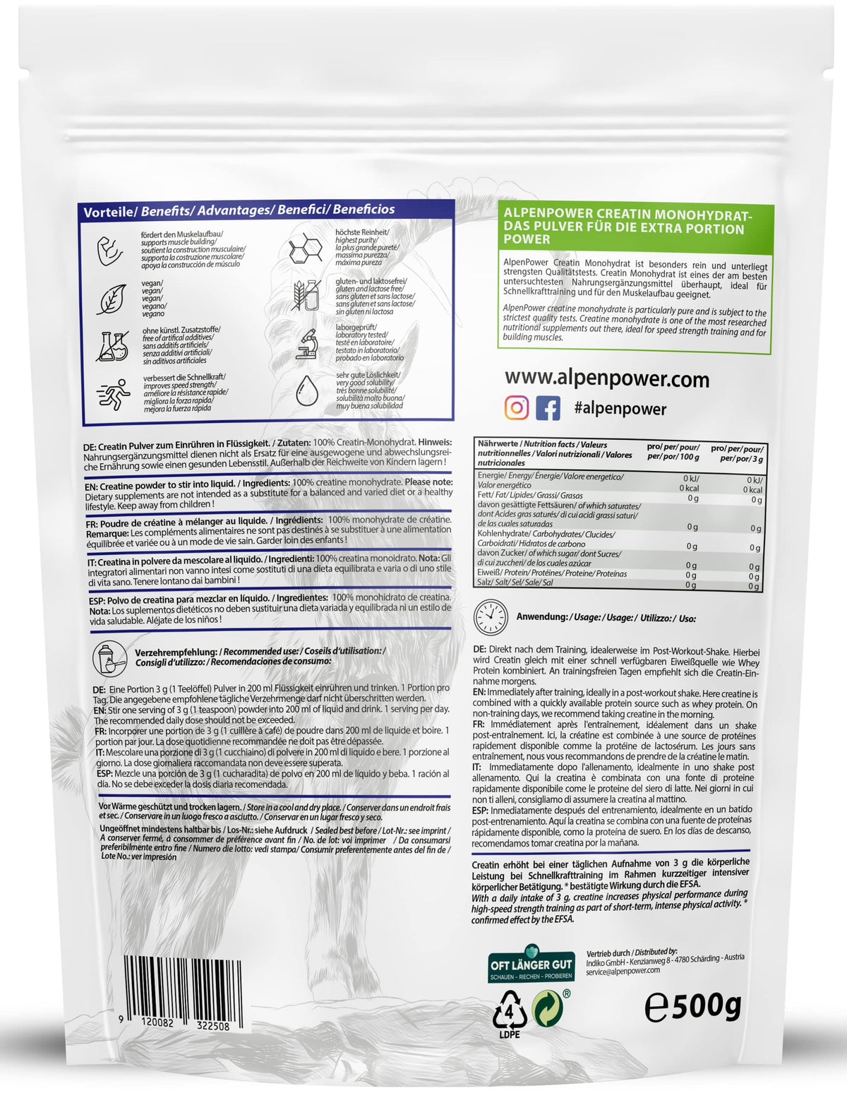 AlpenPower Creatine Monohydrate Powder 500 g - Pure Creatine Monohydrate without Additives - Tested Quality, 100% Vegan - Excellent Solubility, Particularly Fine Powder