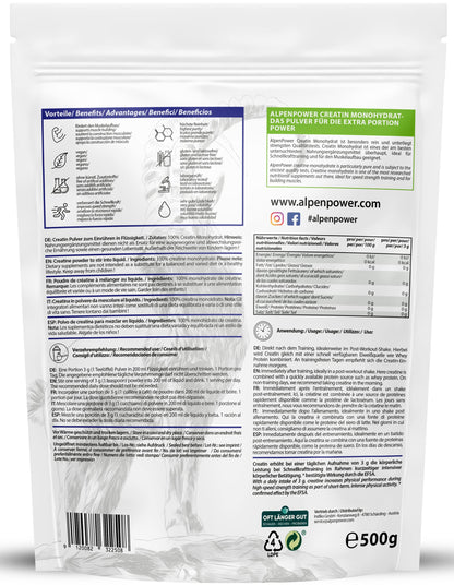 AlpenPower Creatine Monohydrate Powder 500 g - Pure Creatine Monohydrate without Additives - Tested Quality, 100% Vegan - Excellent Solubility, Particularly Fine Powder