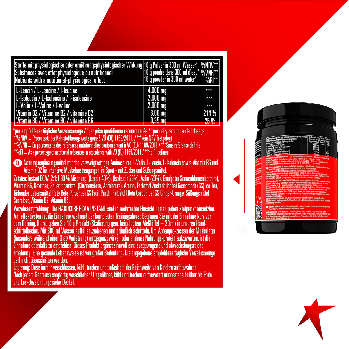 Perfect Resolution Hardcore BCAA Instant Powder Pre and in Workout Powder with Absolut Strongest Hardcore Dosage – 100% Muscle – Available in 3 Flavours – 500g – Made in Germany, , , | 2:1:1 Leucine Isoleucine Valine - with Vitamin B6 and B2