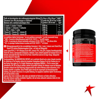 Perfect Resolution Hardcore BCAA Instant Powder Pre and in Workout Powder with Absolut Strongest Hardcore Dosage – 100% Muscle – Available in 3 Flavours – 500g – Made in Germany, , , | 2:1:1 Leucine Isoleucine Valine - with Vitamin B6 and B2