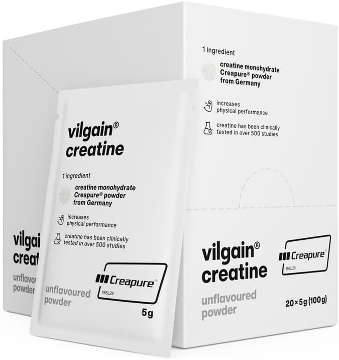 Vilgain Creatine Creapure (100 g) Unflavoured - 20 x 5 g Bags Pure Creatine Monohydrate Powder, Micronised Creatine for Muscle Building & Strength, Vegan Fitness Supplement Snack Without Additives