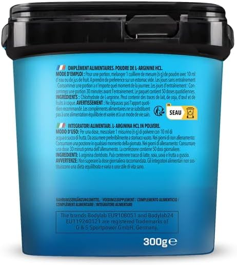 Bodylab24 Arginine HCl Powder 300 g, 100% Pure L-Arginine Hydrochoride, Delivers 6 g L-Arginine HCl per Daily Dosage, No Other Additives