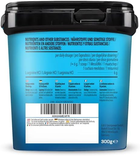 Bodylab24 Arginine HCl Powder 300 g, 100% Pure L-Arginine Hydrochoride, Delivers 6 g L-Arginine HCl per Daily Dosage, No Other Additives