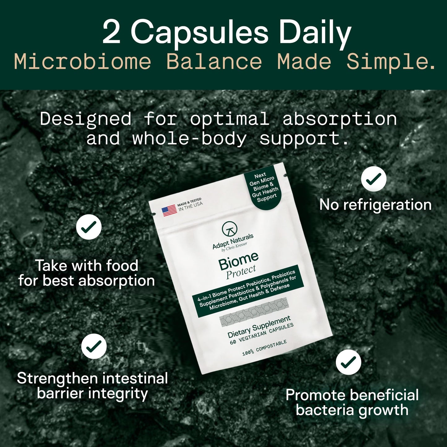 Adapt Naturals 4-in-1 Biome Protect Prebiotics, Probiotics Supplement Postbiotics & Polyphenols for Microbiome, Gut Health & Defense for Women & Men, 30 Day Supply - Maple Wellness Supplements