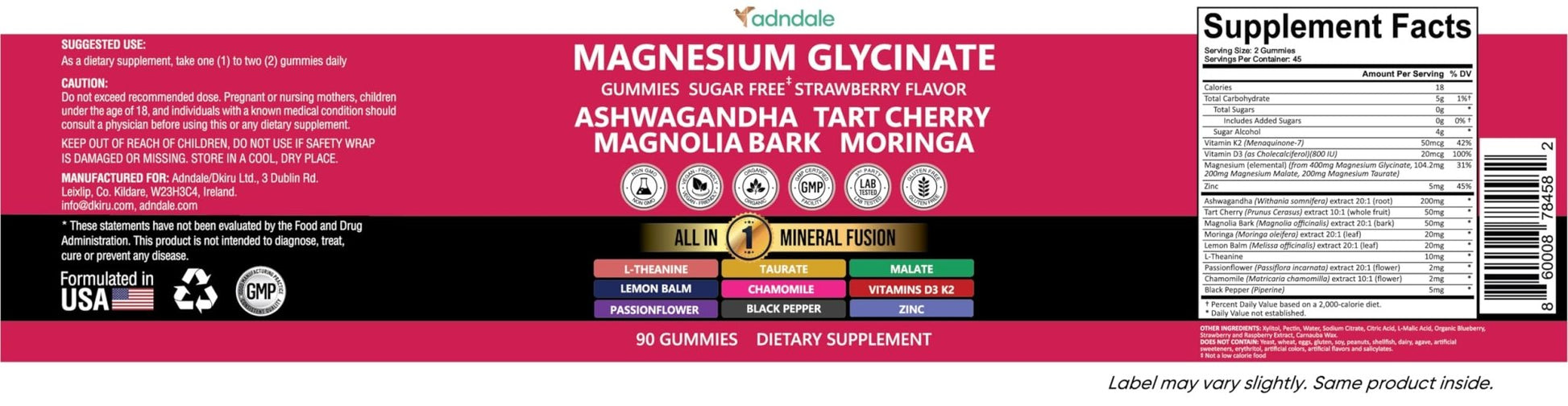 Adndale Magnesium Glycinate 400 mg Gummies with Ashwagandha, Magnesium Malate & Taurate, Tart Cherry, Magnolia Bark, Lemon Balm, Passionflower - Maple Wellness Supplements