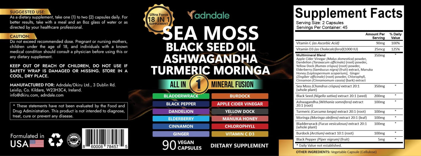 Adndale Sea Moss Capsules - Sea Moss Blend with Ashwagandha, Turmeric- 90 Count - Maple Wellness Supplements