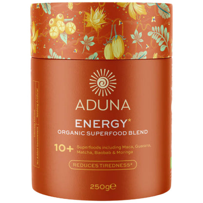 Aduna Organic Energy Superfood Blend | 100% Natural Stir-in Blend With 10+ Superfoods for Natural Energy, Focus & Reduced Tiredness | Vegan Powder for Yogurt, Juices, & Smoothies | 250g - Maple Wellness Supplements