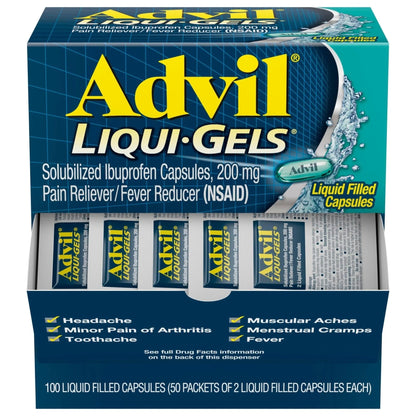Advil Liqui-Gels Pain Reliever and Fever Reducer, Pain Medicine for Adults with Ibuprofen 200mg for Headache, Backache, Menstrual Pain and Joint Pain Relief - 50x2 Liquid Filled Capsules - Maple Wellness Supplements