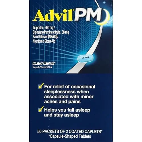 Advil PM Pain Reliever and Nighttime Sleep Aid, Pain Medicine with Ibuprofen for Pain Relief and Diphenhydramine Citrate for a Sleep Aid - 50x2 Coated Caplets - Maple Wellness Supplements