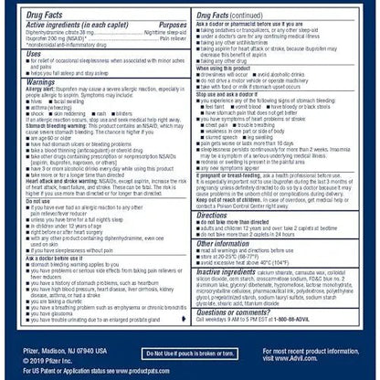 Advil PM Pain Reliever and Nighttime Sleep Aid, Pain Medicine with Ibuprofen for Pain Relief and Diphenhydramine Citrate for a Sleep Aid - 50x2 Coated Caplets - Maple Wellness Supplements